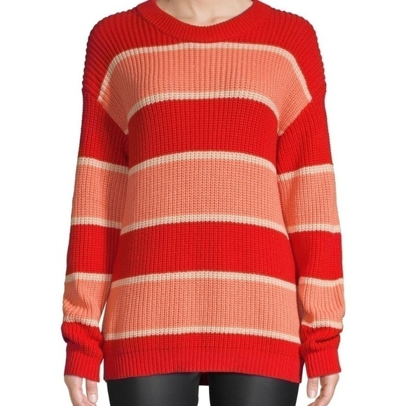 Saks Wythe NY Wide Striped Orange Coral Crew Neck Chunky Cozy Sweater Sz Medium - Picture 3 of 10